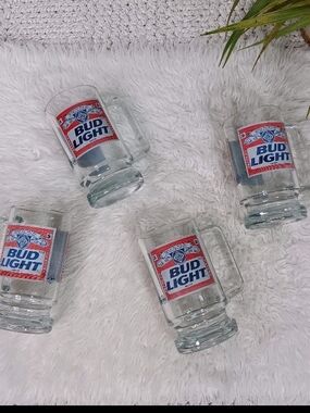 Set Of 4 12oz Bud Light Vintage Glass Beer Mugs - Clear with Blue & Red Logo